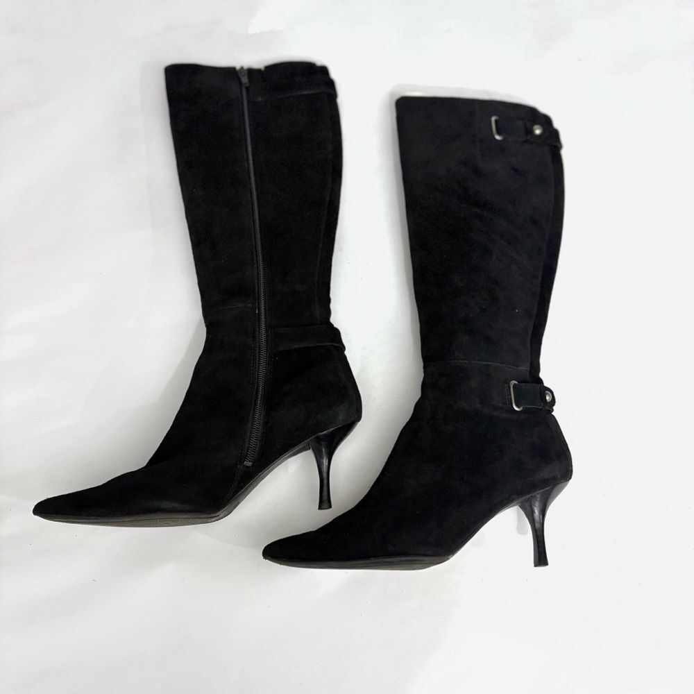 Nine West Women Knee High Boots 6.5M Black Suede Buckle Chic Office